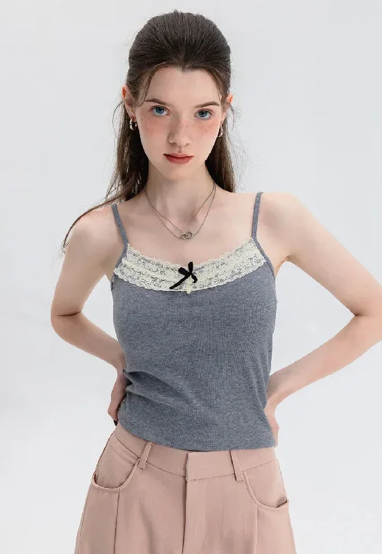 Women's Lace Trim Camisole Top with Delicate Bow Detail