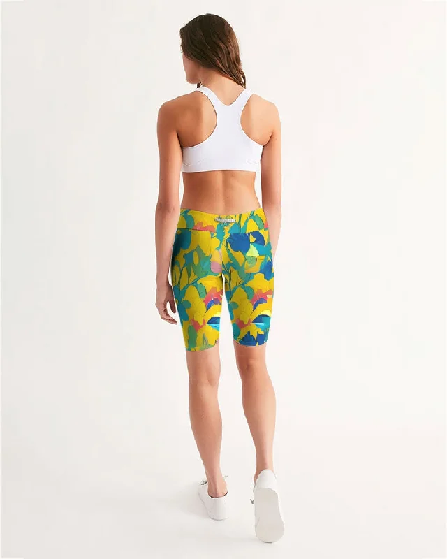 Beautiful yellow and blue hint of red pattern Women's Mid-Rise Bike Shorts