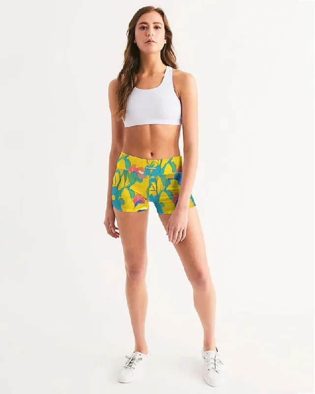 Beautiful yellow and blue hint of red pattern Women's Mid-Rise Yoga Shorts