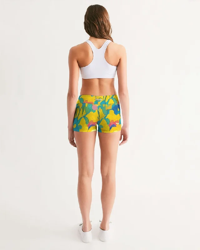 Beautiful yellow and blue hint of red pattern Women's Mid-Rise Yoga Shorts