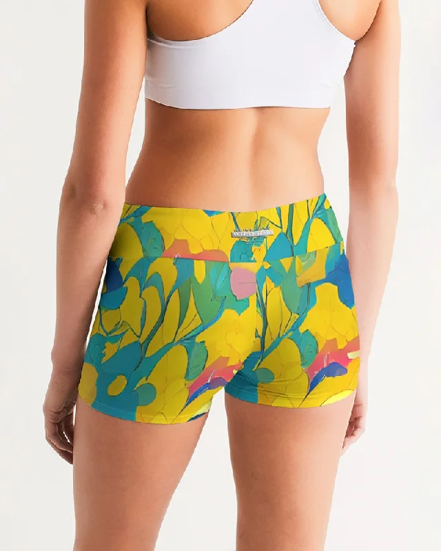 Beautiful yellow and blue hint of red pattern Women's Mid-Rise Yoga Shorts