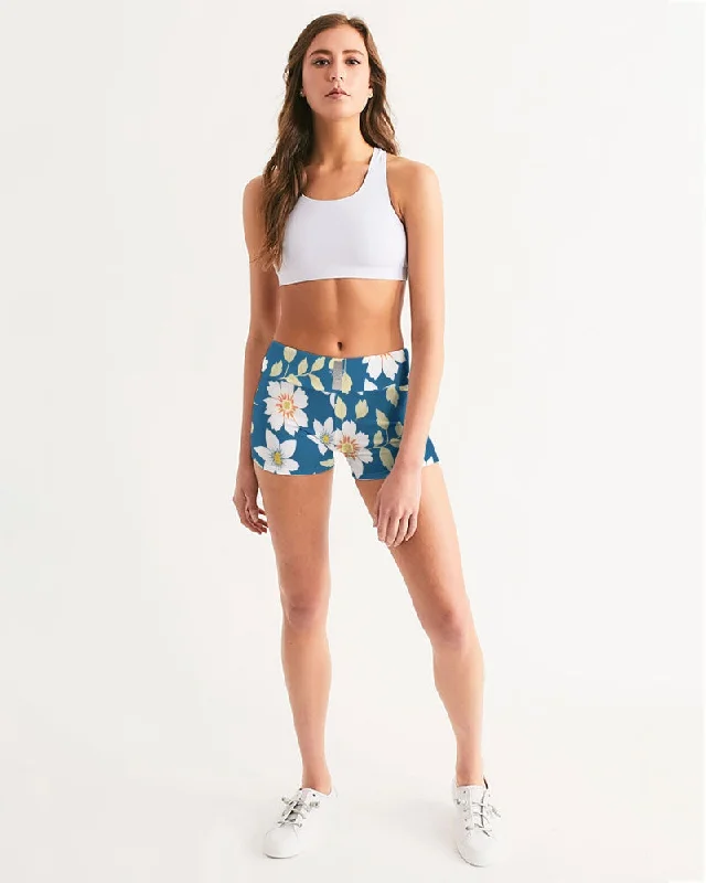 Dark blue background and white flower pattern Women's All-Over Print Mid-Rise Yoga Shorts