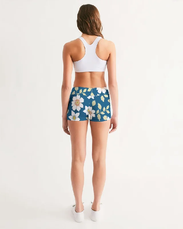 Dark blue background and white flower pattern Women's All-Over Print Mid-Rise Yoga Shorts