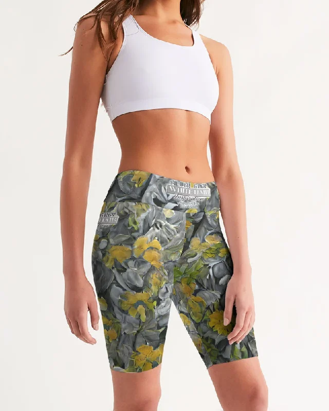 Silver grey abstract flower pattern with brand logo Women's Mid-Rise Bike Shorts