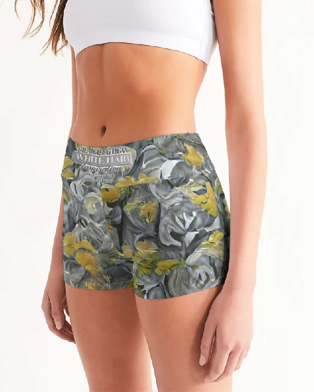 Yellow and grey abstract rose with high up title Women's Mid-Rise Yoga Shorts