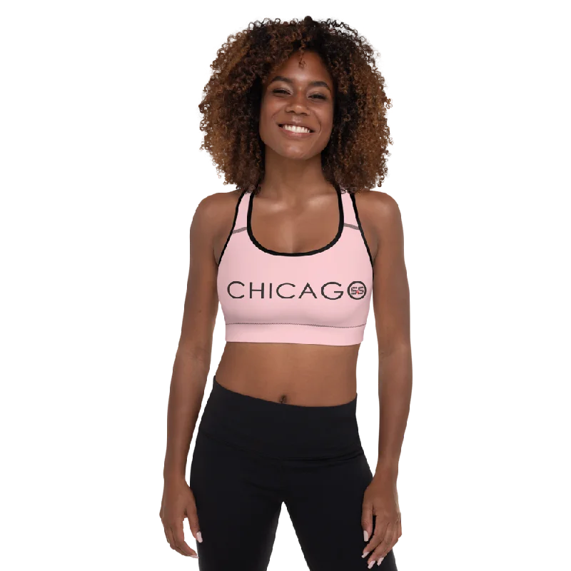 All-Over Print Padded Sports Bra (Pink with Black and Red S&S Chicago)