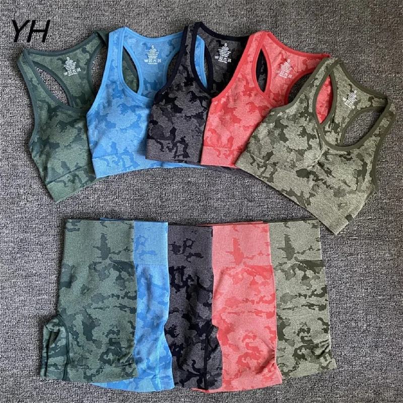 Women Camo Seamless Yoga Set For Women Workout Summer Clothes Sports Bra Fitness Shorts Leggings Gym Clothing Outfit Shorts Set