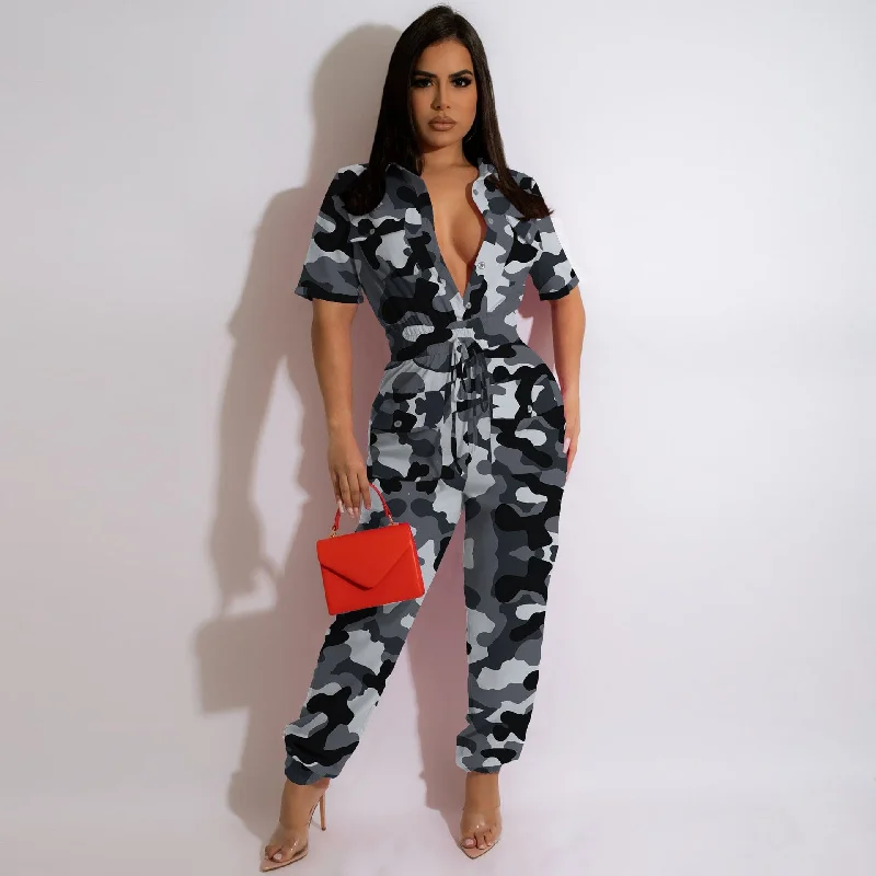 Alpha C Women Camouflage High Stretch V Neck  Overall Jumpsuit