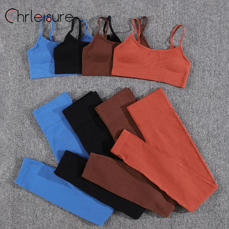 CHRLEISURE Women Yoga Set Ribbed Double Straps Basic Bra Set Fitness Skinny Push Up Seamless Gym High Waist Female New Pants Set