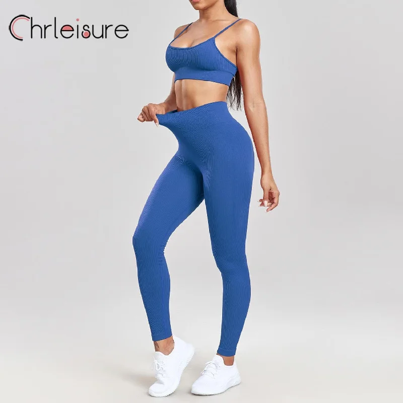 CHRLEISURE Women Yoga Set Ribbed Double Straps Basic Bra Set Fitness Skinny Push Up Seamless Gym High Waist Female New Pants Set