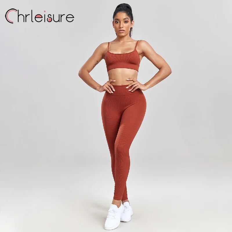 CHRLEISURE Women Yoga Set Ribbed Double Straps Basic Bra Set Fitness Skinny Push Up Seamless Gym High Waist Female New Pants Set