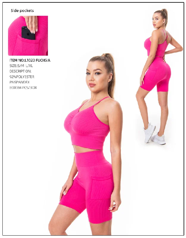 Crop Top & Yoga Pants 2 Pcs Set-Fuchsia