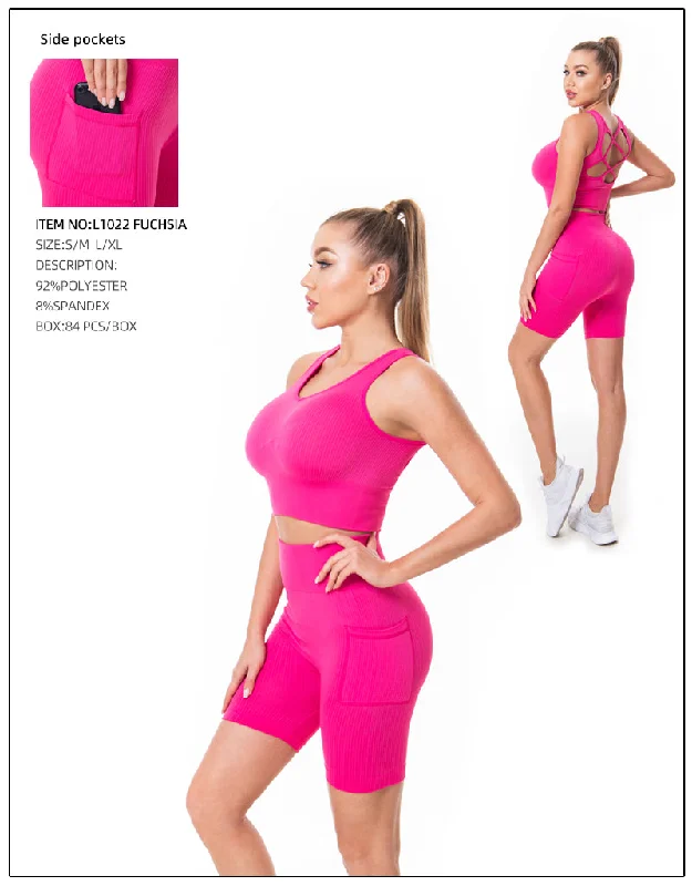 Crop Top & Yoga Pants 2 Pcs Set-Fuchsia