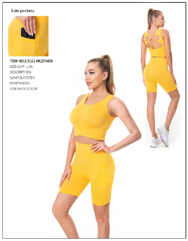 Crop Top & Yoga Pants 2 Pcs Set-Mustard