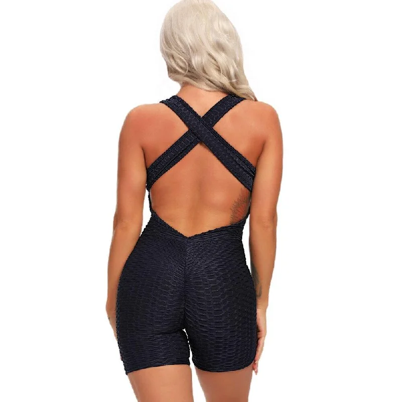 High Waist Women Sleeveless Back Cross Jumpsuit Fitness Gym Wear