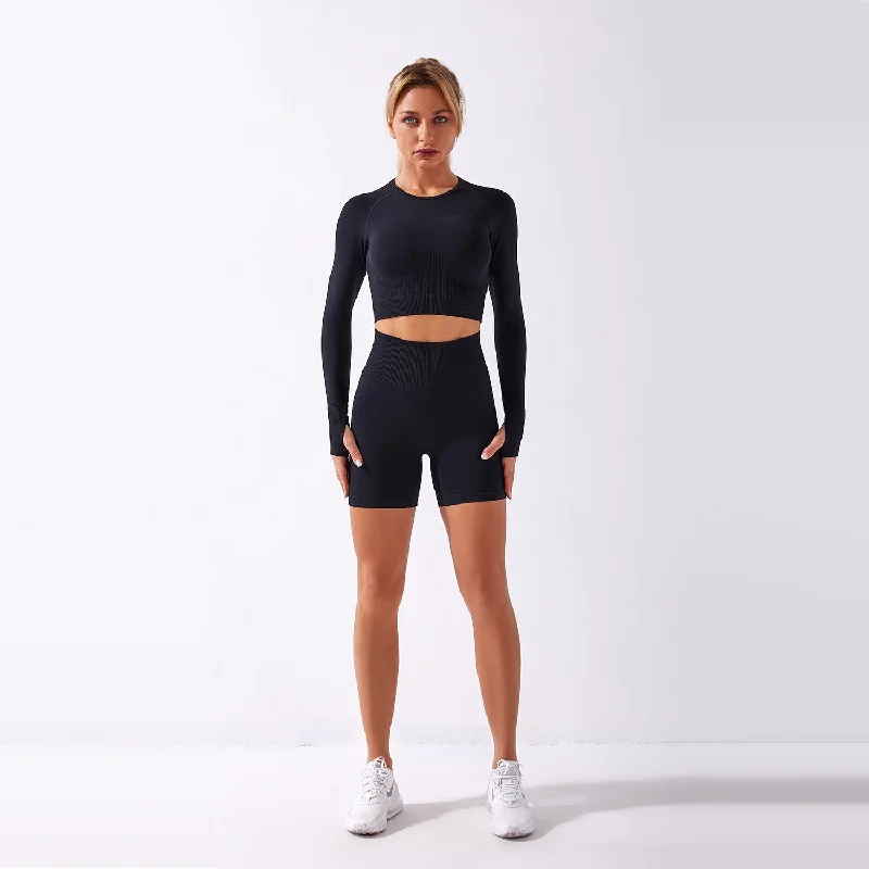 Moisture Wicking High Waisted Shorts with Long Sleeve Crop Top