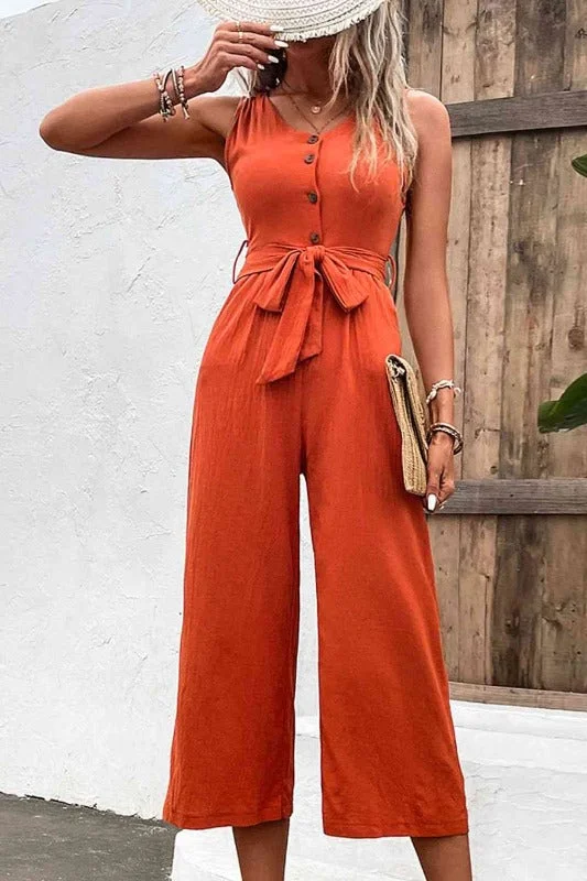 Alpha C Apparel Tie Belt Sleeveless Jumpsuit with Pockets