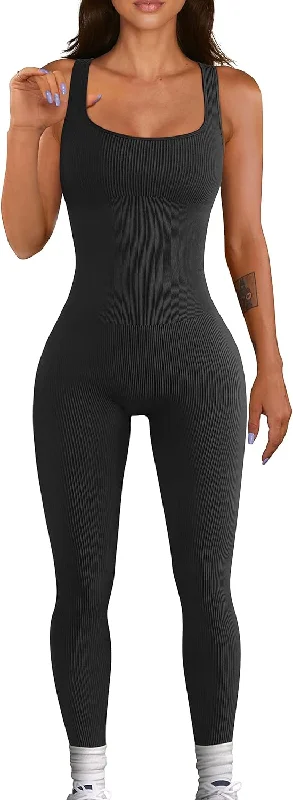 YIOIOIO Women Workout Seamless Jumpsuit Yoga Ribbed Bodycon One Piece Square Neck Leggings Romper.