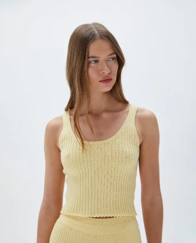 Rib Knit Scoop Neck Crop Top - Lemon Yellow