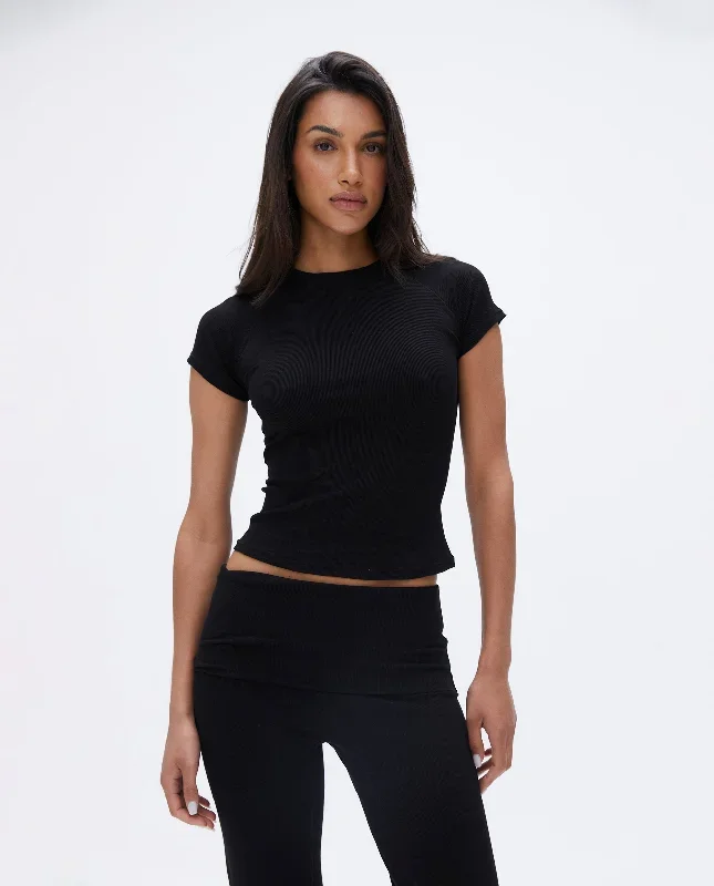 Rib Raglan Short Sleeve Top - Black